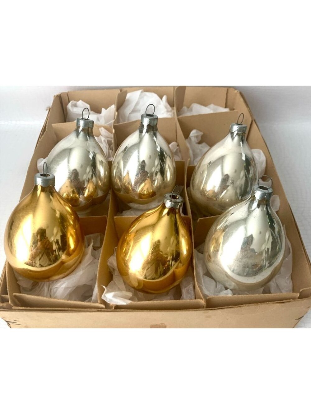 6 Vintage Mercury Glass Silver & Gold tone Teardrop Pear Shape Tree Ornaments